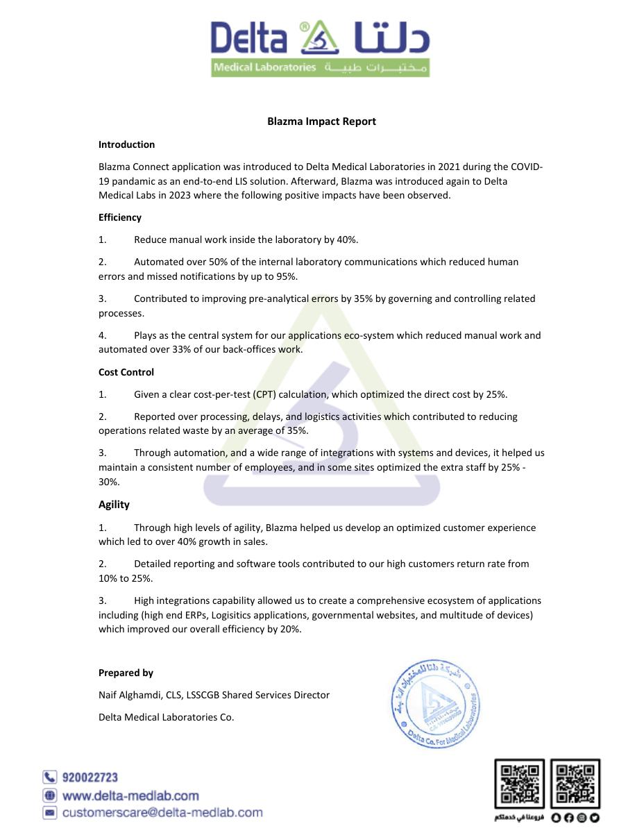 Delta Medical Laboratories Blazma Impact Report